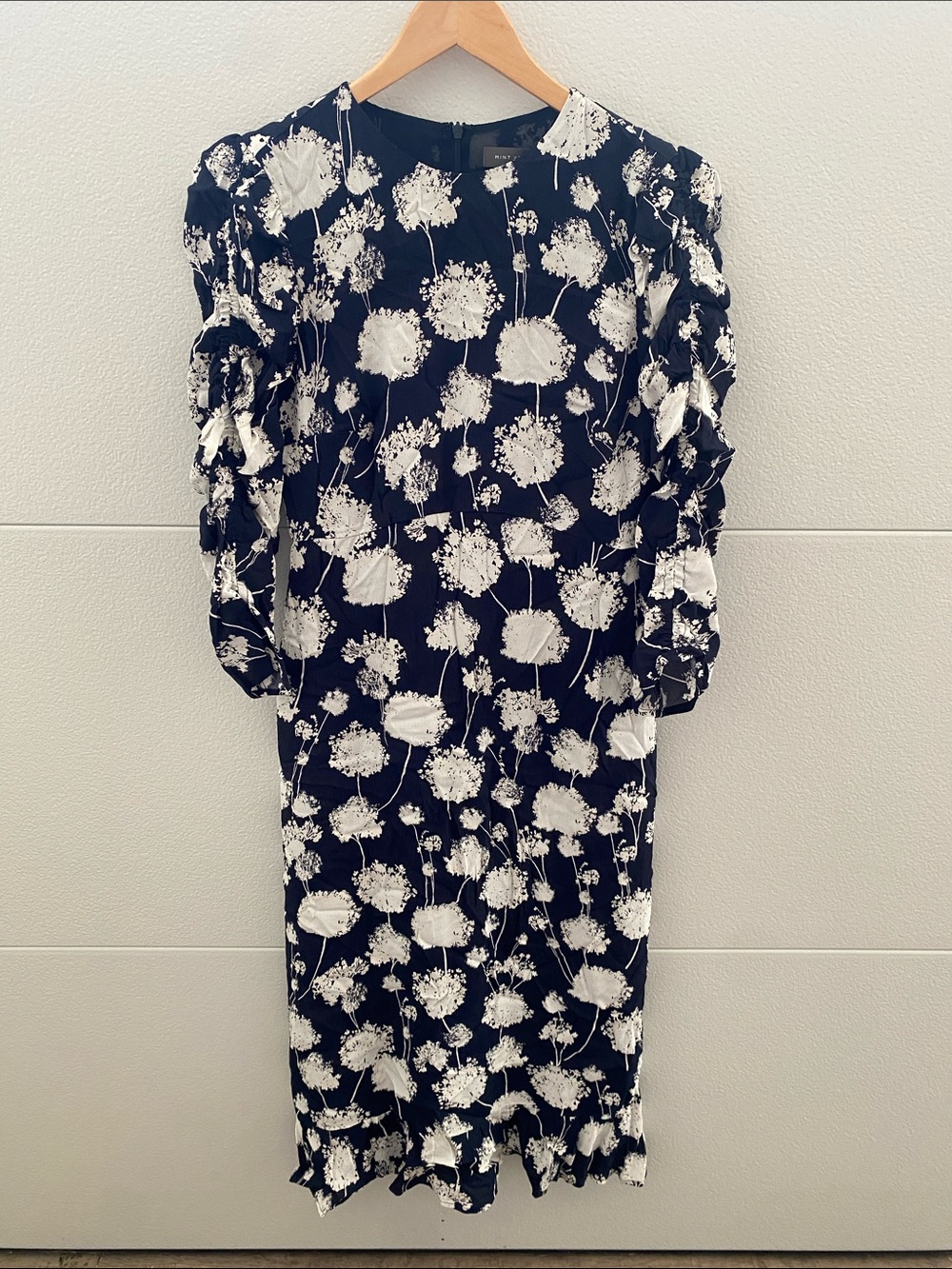 Mint Velvet Navy Blue Floral Midi Dress with Puff Sleeves
